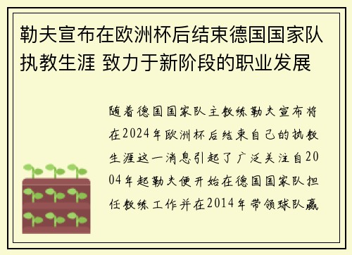 勒夫宣布在欧洲杯后结束德国国家队执教生涯 致力于新阶段的职业发展