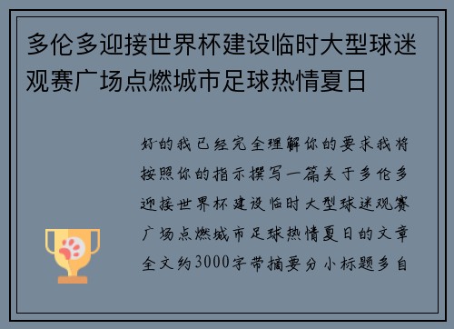 多伦多迎接世界杯建设临时大型球迷观赛广场点燃城市足球热情夏日