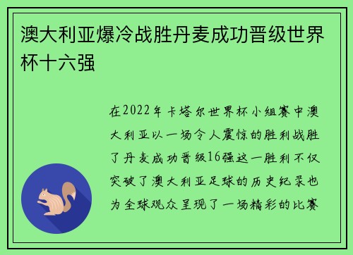澳大利亚爆冷战胜丹麦成功晋级世界杯十六强